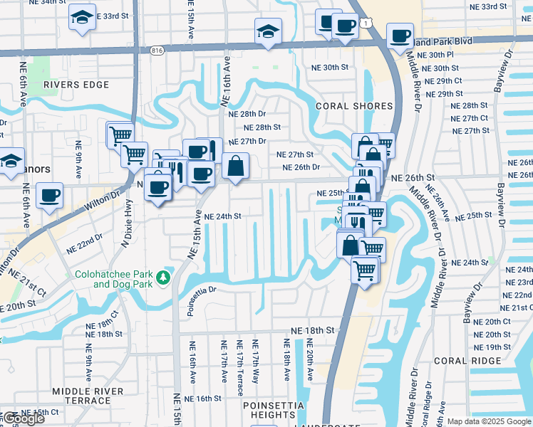 map of restaurants, bars, coffee shops, grocery stores, and more near 2400 Northeast 17th Terrace in Wilton Manors
