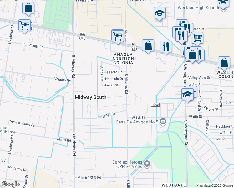 map of restaurants, bars, coffee shops, grocery stores, and more near 501 Bahama Street in Weslaco