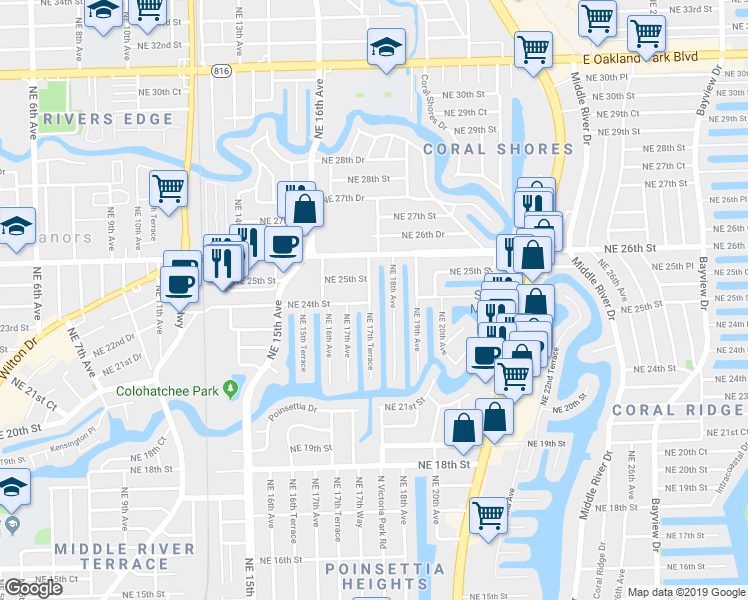map of restaurants, bars, coffee shops, grocery stores, and more near 2400 Northeast 17th Terrace in Wilton Manors