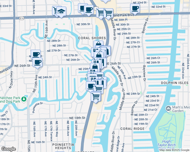 map of restaurants, bars, coffee shops, grocery stores, and more near 2525 North Federal Highway in Fort Lauderdale