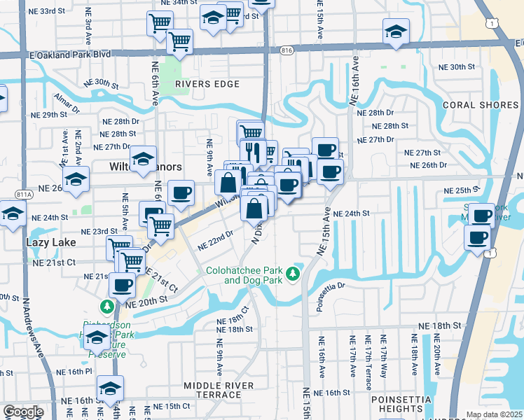 map of restaurants, bars, coffee shops, grocery stores, and more near 1101-1199 NE 24th Ct in Wilton Manors