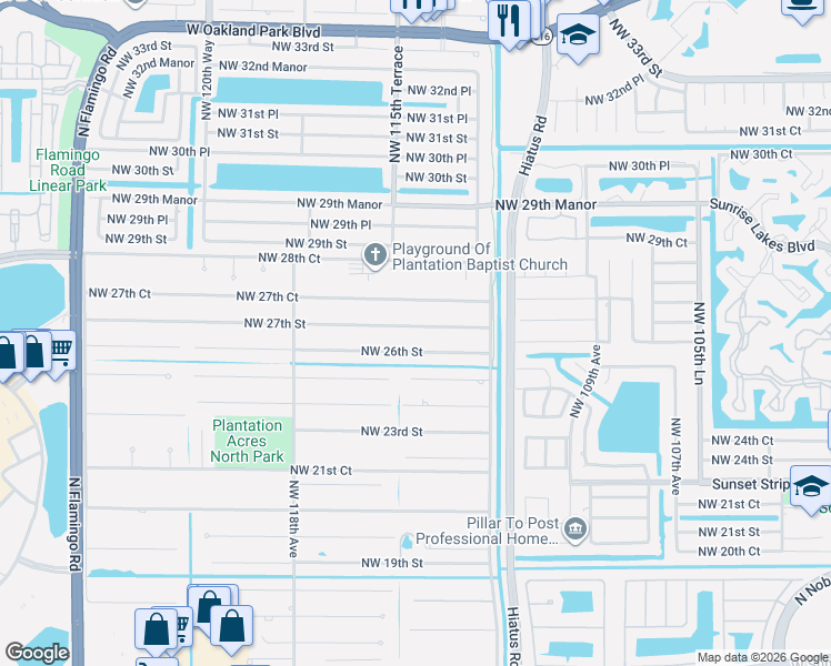 map of restaurants, bars, coffee shops, grocery stores, and more near 11431 Northwest 27th Street in Plantation