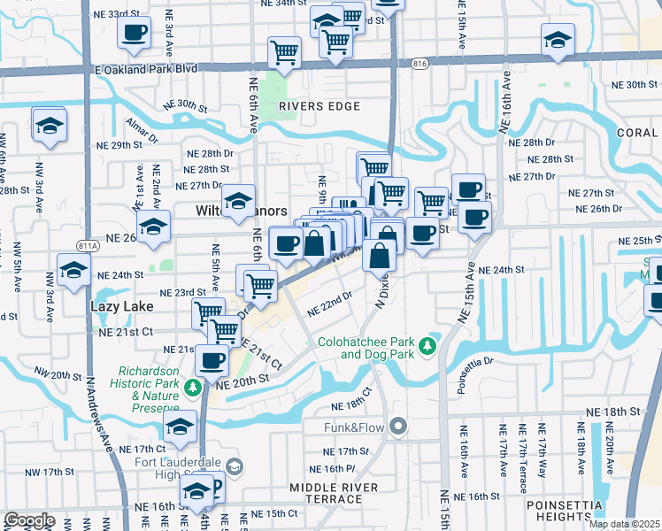 map of restaurants, bars, coffee shops, grocery stores, and more near 2407 Wilton Drive in Fort Lauderdale
