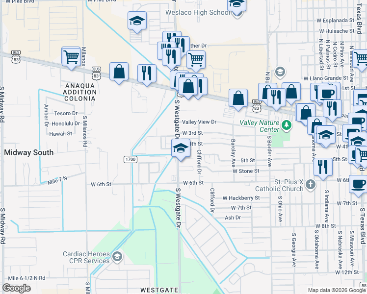 map of restaurants, bars, coffee shops, grocery stores, and more near 1204 West 4th Street in Weslaco