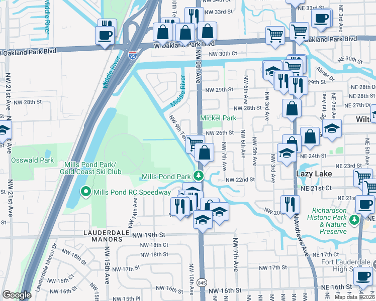 map of restaurants, bars, coffee shops, grocery stores, and more near 2450 Northwest 9th Terrace in Wilton Manors