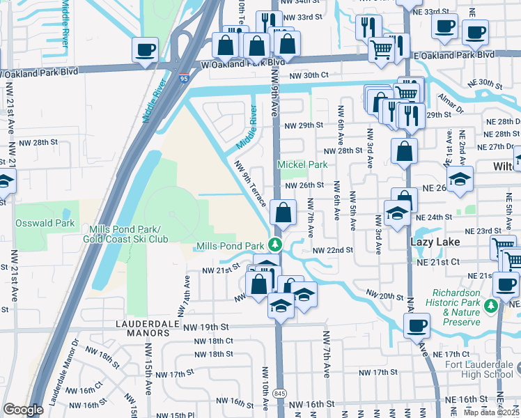 map of restaurants, bars, coffee shops, grocery stores, and more near 2450 Northwest 9th Terrace in Wilton Manors