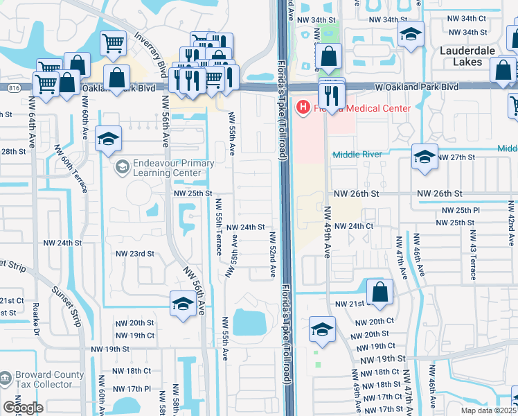 map of restaurants, bars, coffee shops, grocery stores, and more near 5306 Northwest 25th Street in Lauderhill