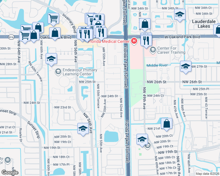 map of restaurants, bars, coffee shops, grocery stores, and more near 5306 Northwest 25th Street in Lauderhill