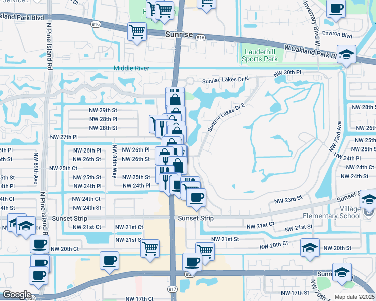 map of restaurants, bars, coffee shops, grocery stores, and more near 2700 Sunrise Lakes Drive West in Sunrise