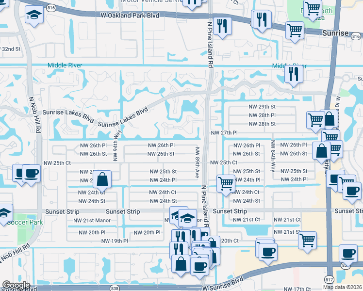 map of restaurants, bars, coffee shops, grocery stores, and more near 8961 Northwest 26th Place in Sunrise