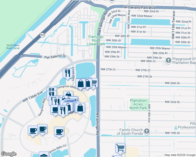 map of restaurants, bars, coffee shops, grocery stores, and more near 2681 North Flamingo Road in Plantation
