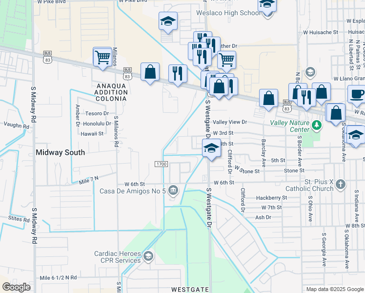 map of restaurants, bars, coffee shops, grocery stores, and more near 310 Regency Lane in Weslaco