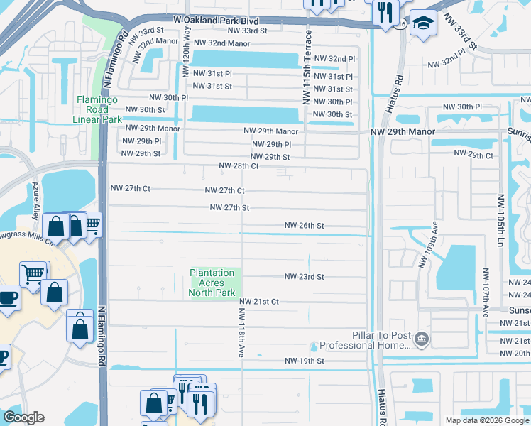 map of restaurants, bars, coffee shops, grocery stores, and more near 11661 Northwest 27th Street in Plantation
