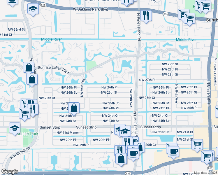 map of restaurants, bars, coffee shops, grocery stores, and more near 9191 Northwest 26th Place in Sunrise