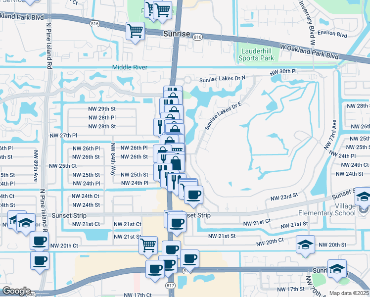 map of restaurants, bars, coffee shops, grocery stores, and more near 2700 Sunrise Lakes Drive West in Sunrise