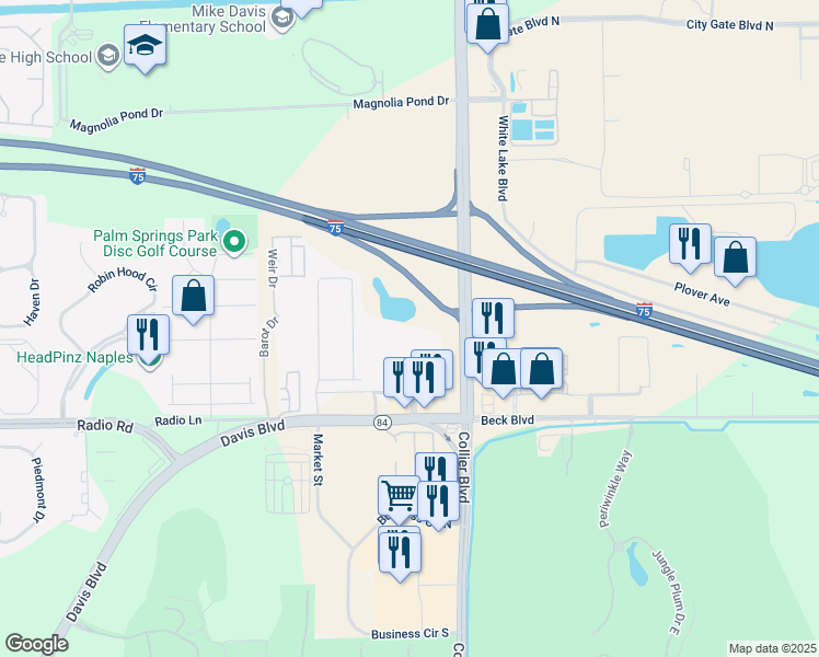 map of restaurants, bars, coffee shops, grocery stores, and more near 155 Bedzel Circle in Naples