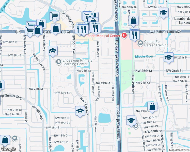 map of restaurants, bars, coffee shops, grocery stores, and more near 2461 Northwest 55th Avenue in Lauderhill