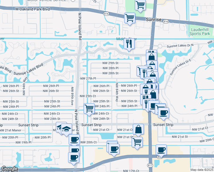 map of restaurants, bars, coffee shops, grocery stores, and more near 8521 Northwest 26th Place in Sunrise