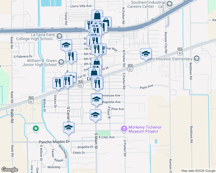 map of restaurants, bars, coffee shops, grocery stores, and more near 120 East Commercial Avenue in La Feria