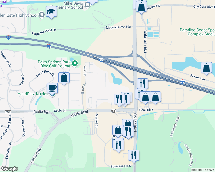 map of restaurants, bars, coffee shops, grocery stores, and more near 8796 Madrid Circle in Naples