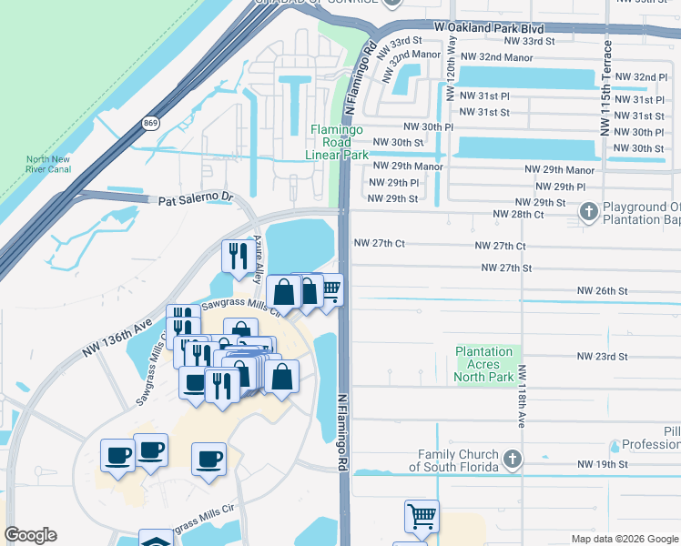 map of restaurants, bars, coffee shops, grocery stores, and more near 2681 North Flamingo Road in Plantation