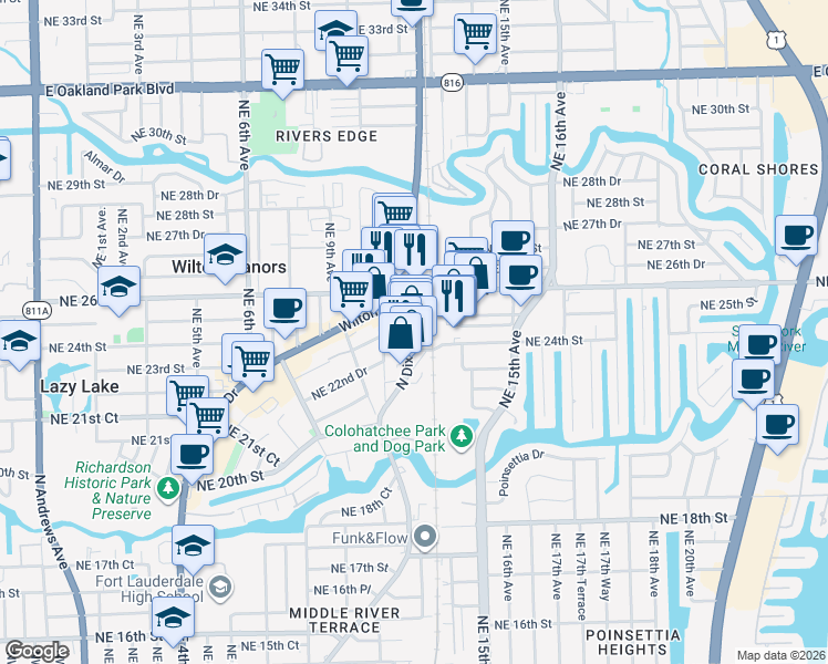 map of restaurants, bars, coffee shops, grocery stores, and more near 1101-1199 NE 24th Ct in Wilton Manors