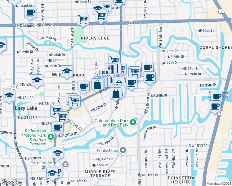 map of restaurants, bars, coffee shops, grocery stores, and more near 2408 Northeast 11th Avenue in Wilton Manors