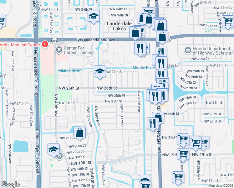 map of restaurants, bars, coffee shops, grocery stores, and more near 4330 Northwest 26th Street in Lauderhill