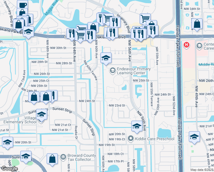 map of restaurants, bars, coffee shops, grocery stores, and more near 2401 Northwest 59th Way in Lauderhill