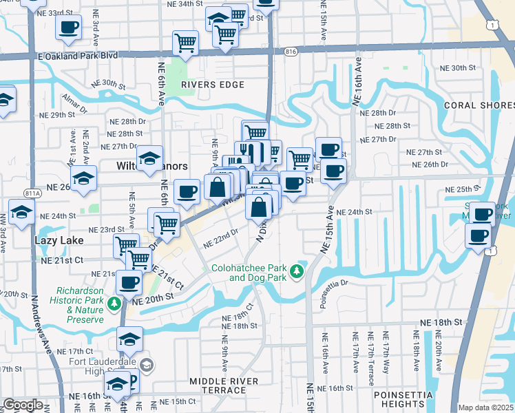 map of restaurants, bars, coffee shops, grocery stores, and more near 2408 Northeast 11th Avenue in Wilton Manors