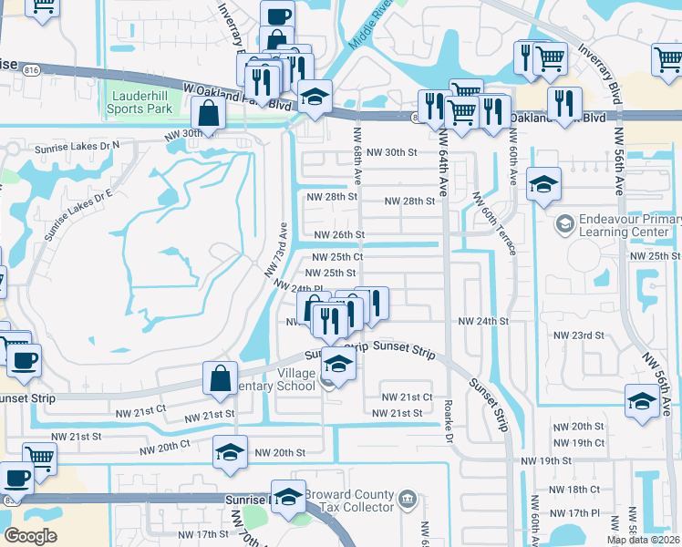 map of restaurants, bars, coffee shops, grocery stores, and more near 6800 Northwest 25th Court in Sunrise