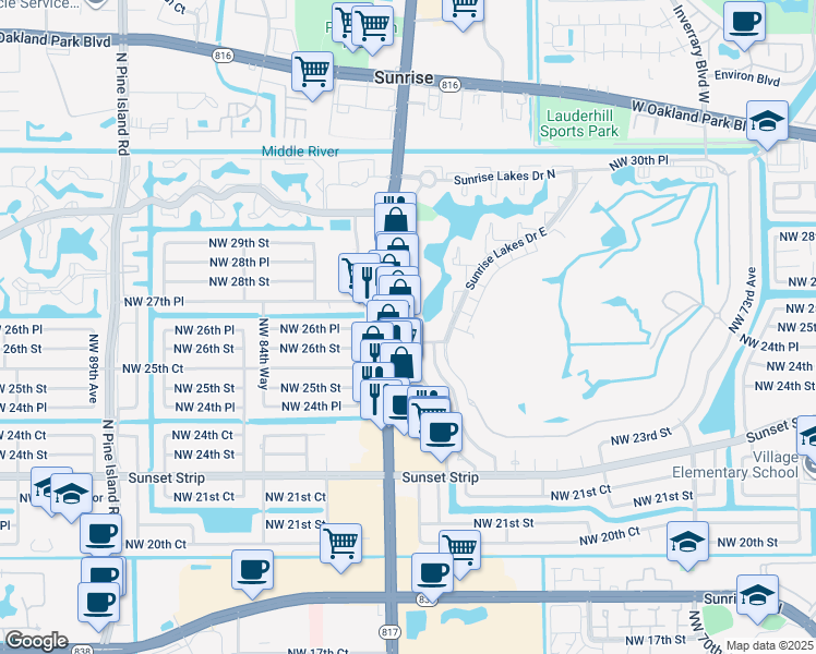 map of restaurants, bars, coffee shops, grocery stores, and more near 2700 Sunrise Lakes Drive West in Sunrise
