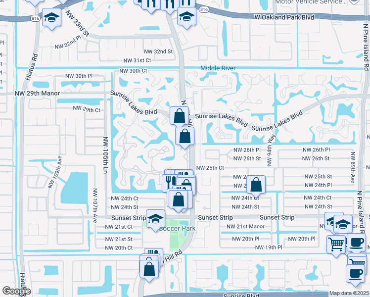 map of restaurants, bars, coffee shops, grocery stores, and more near 201 Nob Hill Access Road in Sunrise