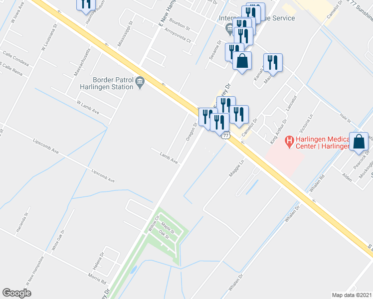 map of restaurants, bars, coffee shops, grocery stores, and more near 318 South Ed Carey Drive in Harlingen