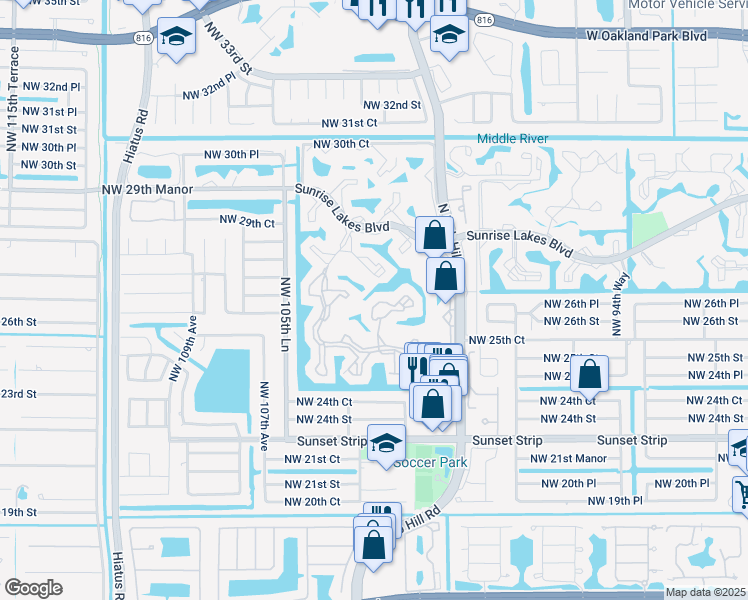 map of restaurants, bars, coffee shops, grocery stores, and more near 2602 Northwest 103rd Avenue in Sunrise