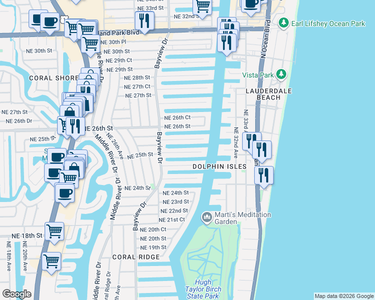 map of restaurants, bars, coffee shops, grocery stores, and more near 2849 Northeast 25th Street in Fort Lauderdale