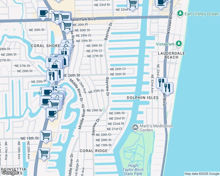 map of restaurants, bars, coffee shops, grocery stores, and more near 2508 Bayview Drive in Fort Lauderdale