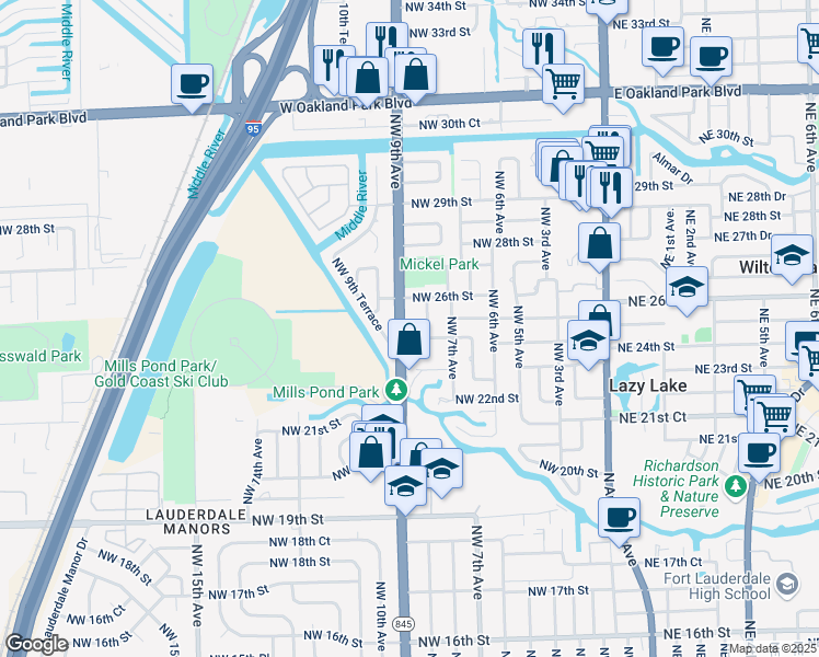 map of restaurants, bars, coffee shops, grocery stores, and more near 2500 Northwest 9th Avenue in Wilton Manors
