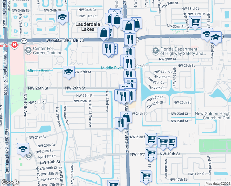 map of restaurants, bars, coffee shops, grocery stores, and more near 4170 Northwest 26th Street in Lauderhill