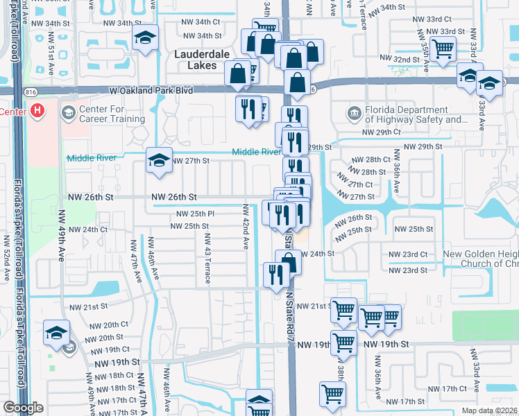 map of restaurants, bars, coffee shops, grocery stores, and more near 4170 Northwest 26th Street in Lauderhill
