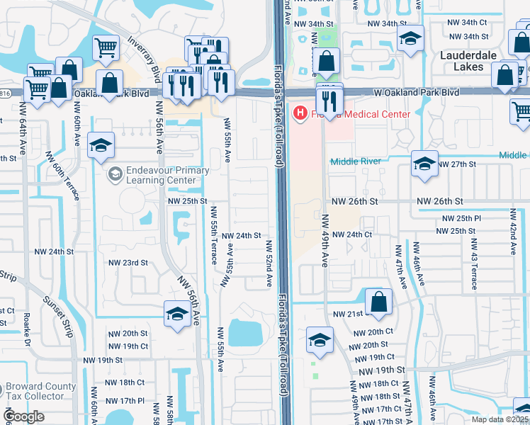 map of restaurants, bars, coffee shops, grocery stores, and more near 2506 Northwest 52nd Avenue in Lauderhill