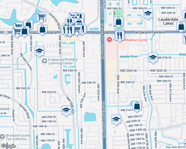 map of restaurants, bars, coffee shops, grocery stores, and more near 5306 Northwest 25th Street in Lauderhill