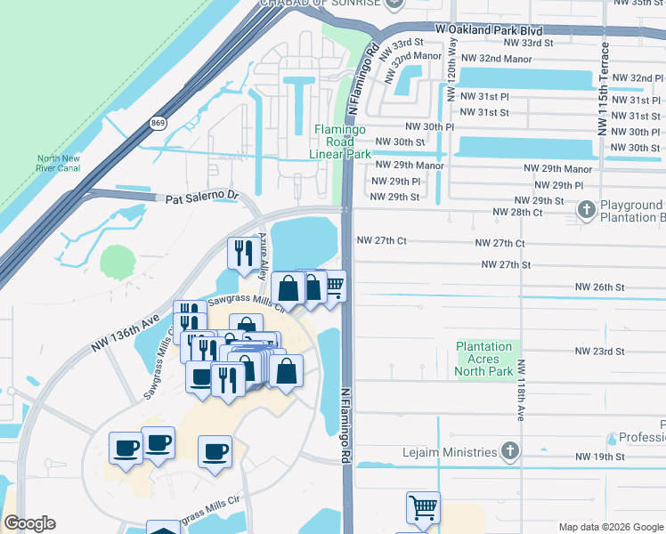 map of restaurants, bars, coffee shops, grocery stores, and more near 2681 North Flamingo Road in Plantation