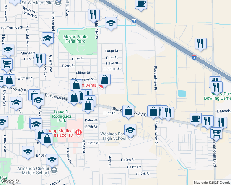 map of restaurants, bars, coffee shops, grocery stores, and more near 415 South Airport Drive in Weslaco