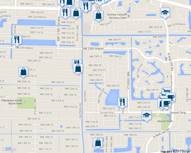 map of restaurants, bars, coffee shops, grocery stores, and more near 11030 Northwest 27th Street in Sunrise