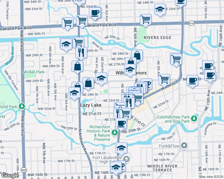 map of restaurants, bars, coffee shops, grocery stores, and more near 305 Northeast 25th Street in Wilton Manors