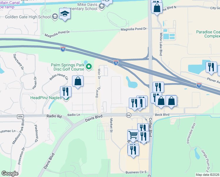 map of restaurants, bars, coffee shops, grocery stores, and more near 8600 Barot Drive in Naples