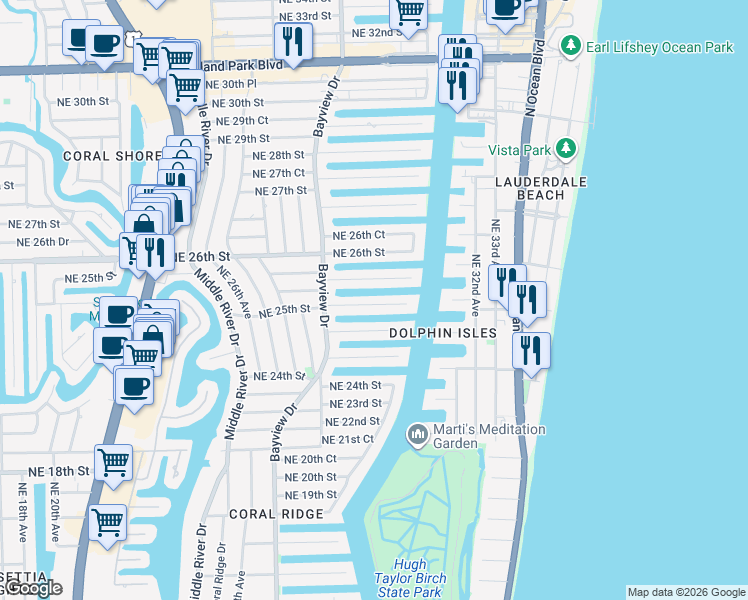 map of restaurants, bars, coffee shops, grocery stores, and more near 2849 Northeast 25th Street in Fort Lauderdale