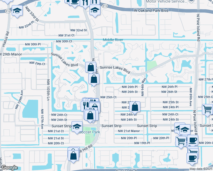 map of restaurants, bars, coffee shops, grocery stores, and more near 9877 Northwest 26th Place in Sunrise