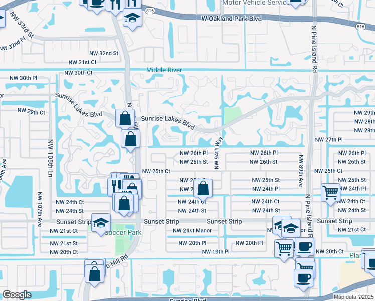map of restaurants, bars, coffee shops, grocery stores, and more near 9637 Northwest 26th Place in Sunrise